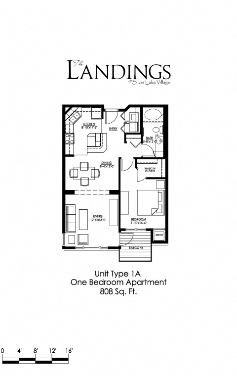 Floor plan for 1 bed, 1 bath, 808 sqft